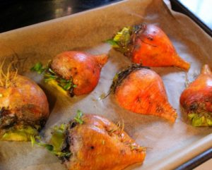 golden beets on a pan