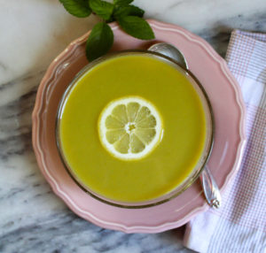 a bowl of vegan sugar snap pea soup